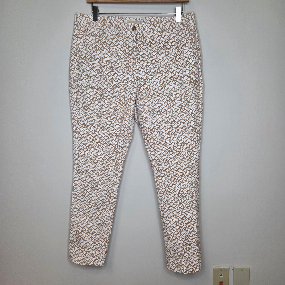 Michael Kors Women Tan White Geometric Print Stretch Ankle Pants Size 12